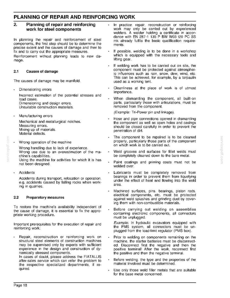 May include: A page from a technical manual titled "PLANNING OF REPAIR AND REINFORCING WORK." The text details procedures for steel component repair, including causes of damage, preparatory measures, and welding guidelines. Page 18 is visible.