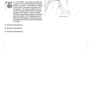 May include: A technical manual page titled 3-CONTROLS/INSTRUMENTS featuring a line drawing of a gear shift lever with numbered callouts 3 and 4. It includes text describing the transmission downshift button and the F-N-R switch operation.