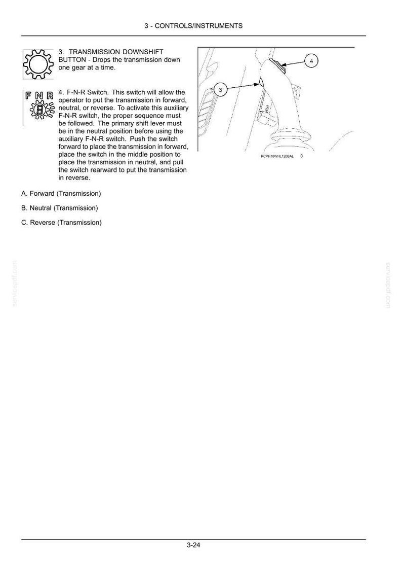 May include: A technical manual page titled 3-CONTROLS/INSTRUMENTS featuring a line drawing of a gear shift lever with numbered callouts 3 and 4. It includes text describing the transmission downshift button and the F-N-R switch operation.