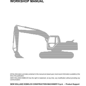 May include: A white workshop manual cover for the E485B model, featuring a black line-art illustration of an excavator. The text includes E485B WORKSHOP MANUAL, New Holland Kobelco Construction Machinery S.p.A., Print No. 87475986A, and March 2008.