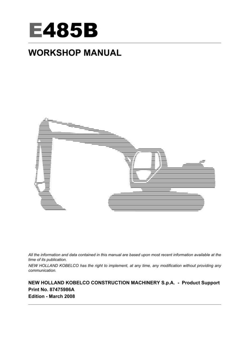 May include: A white workshop manual cover for the E485B model, featuring a black line-art illustration of an excavator. The text includes E485B WORKSHOP MANUAL, New Holland Kobelco Construction Machinery S.p.A., Print No. 87475986A, and March 2008.