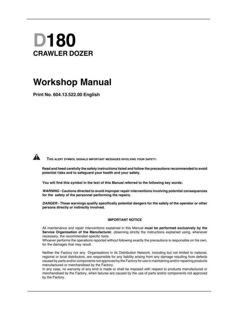 Puede incluir: Manual de taller blanco para un D180 Crawler Dozer. La portada muestra el n&uacute;mero de modelo y el t&iacute;tulo. El manual incluye advertencias de seguridad y avisos importantes sobre mantenimiento y reparaci&oacute;n.