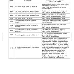 K&ouml;nnte beinhalten: Ein technisches Dokument mit dem Titel ENGINE FAULT CODES, nummeriert 4005-23, das eine Tabelle mit drei Spalten enth&auml;lt: CODE, DEFINITION und DESCRIPTION AND POSSIBLE STEPS FOR REPAIR. Es listet Fehlercodes 3001 bis 3010 f&uuml;r Sensoren auf.