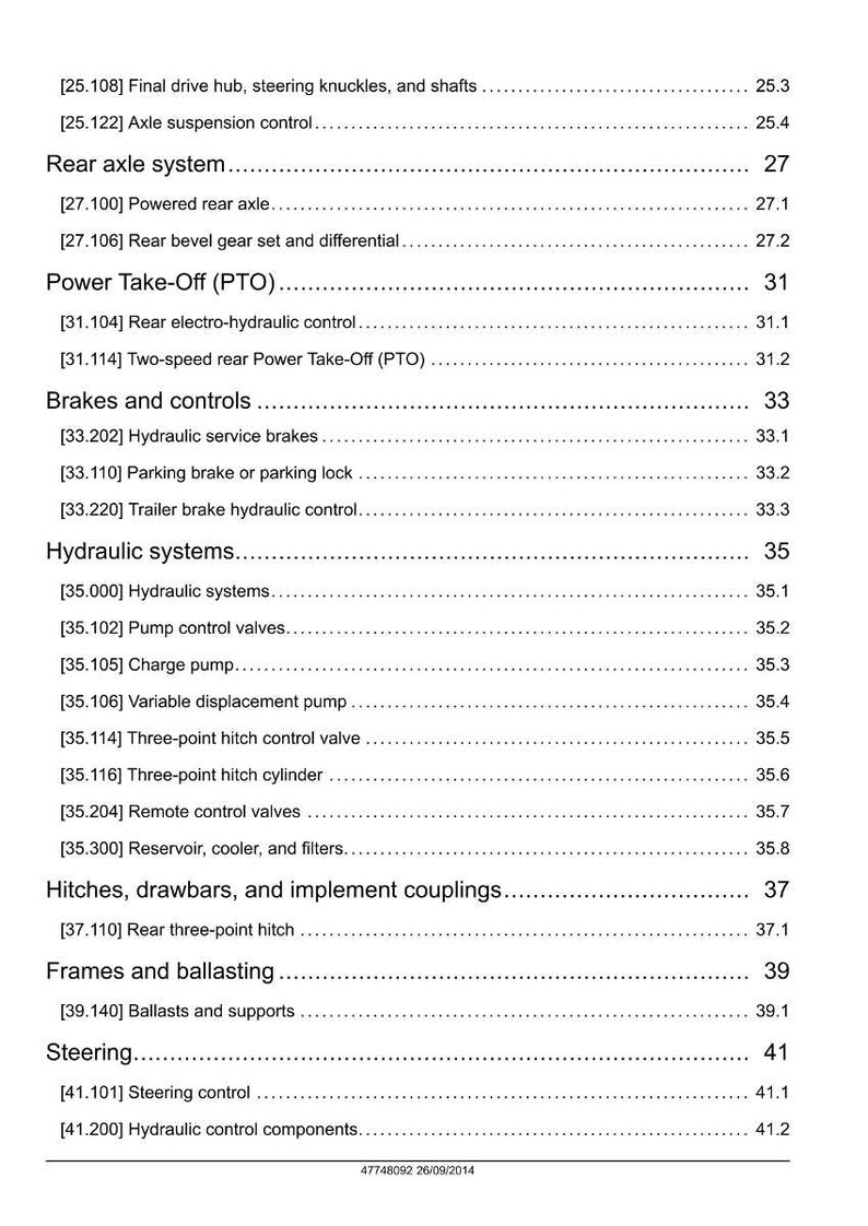May include: A detailed technical manual page with a list of tractor parts and systems, including rear axle, brakes, hydraulic systems, and steering. The page includes section numbers and descriptions.