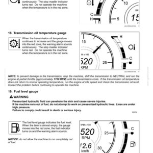 May include: A technical manual page titled 3-CONTROLS AND INSTRUMENTS displaying diagrams for an engine coolant temperature gauge, transmission oil temperature gauge, and fuel level gauge with associated warning text and operational instructions.