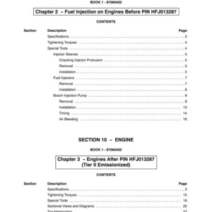 May include: A manual page titled "SECTION 10 - ENGINE" with the text "Chapter 2 - Fuel Injection on Engines Before PIN HFJ013287" and a table of contents. The page includes sections on fuel injectors and Bosch injection pumps.