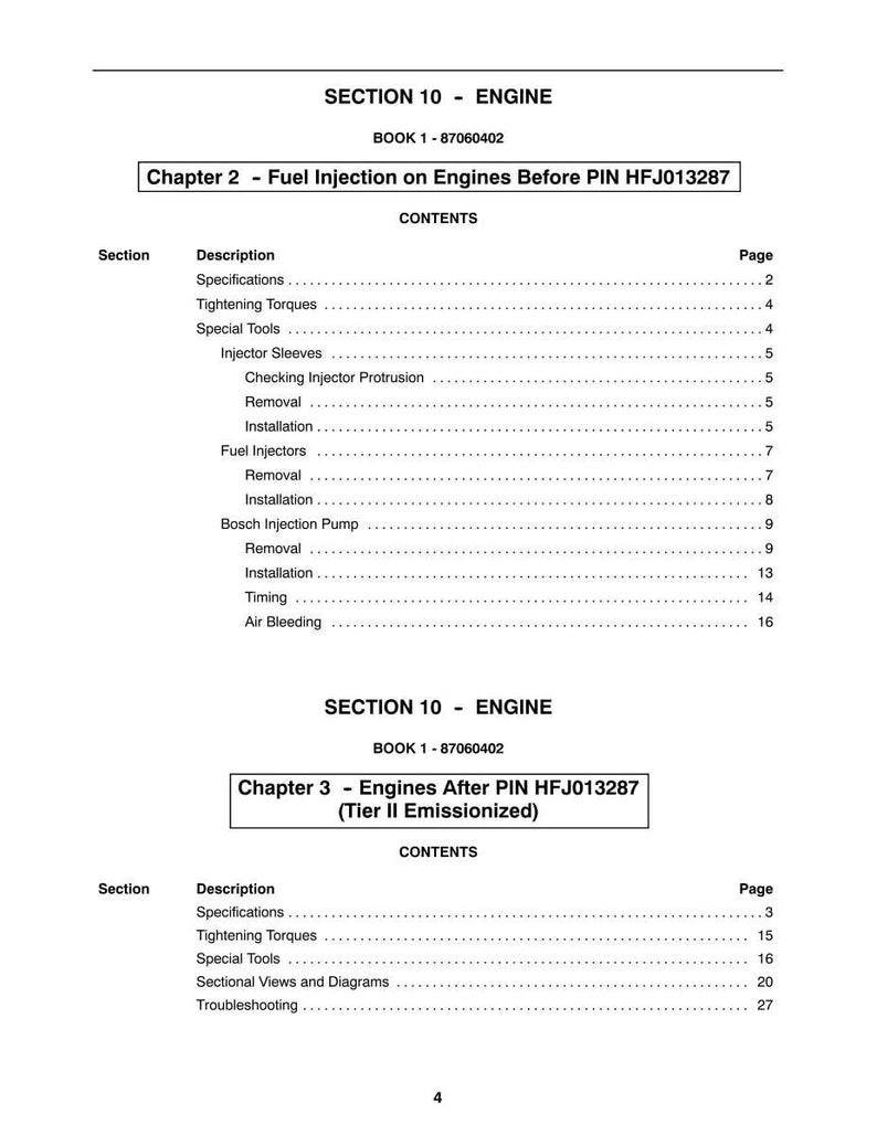 May include: A manual page titled "SECTION 10 - ENGINE" with the text "Chapter 2 - Fuel Injection on Engines Before PIN HFJ013287" and a table of contents. The page includes sections on fuel injectors and Bosch injection pumps.