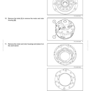 May include: Diagram of hydrostatic drive pump and motor components. Includes illustrations of a distributor plate, motor and rotor housing, and rotor group. Text instructions accompany each diagram.