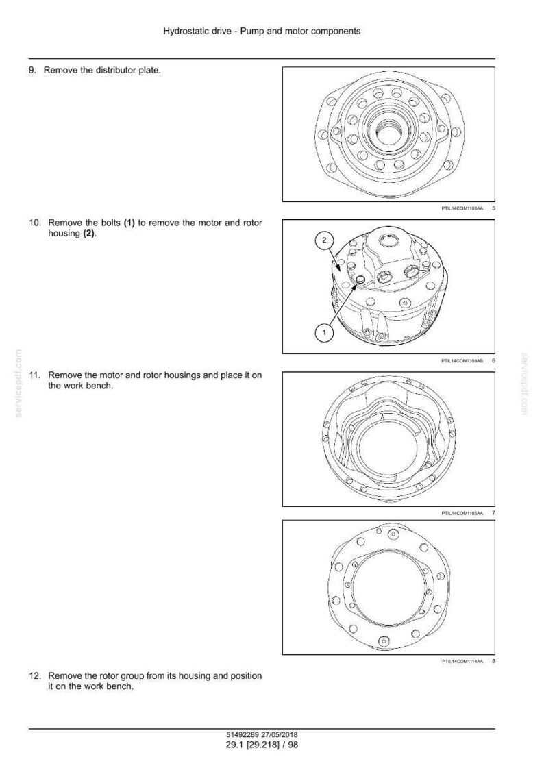 May include: Diagram of hydrostatic drive pump and motor components. Includes illustrations of a distributor plate, motor and rotor housing, and rotor group. Text instructions accompany each diagram.