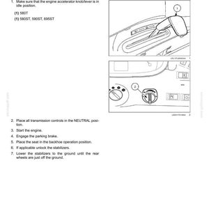 May include: Diagram from a manual showing steps for preparing a machine for road travel. The image includes close-ups of the machine's interior, highlighting the engine accelerator knob, transmission controls, and other operational elements.