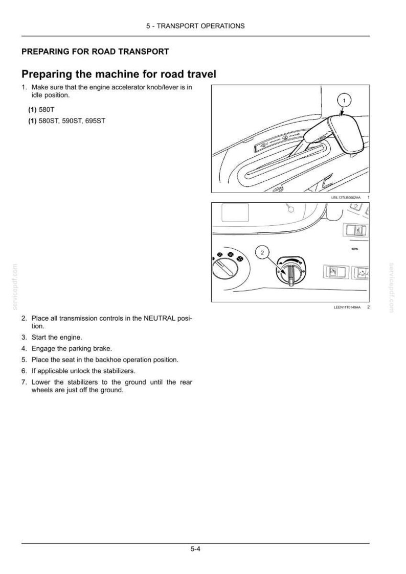 May include: Diagram from a manual showing steps for preparing a machine for road travel. The image includes close-ups of the machine's interior, highlighting the engine accelerator knob, transmission controls, and other operational elements.