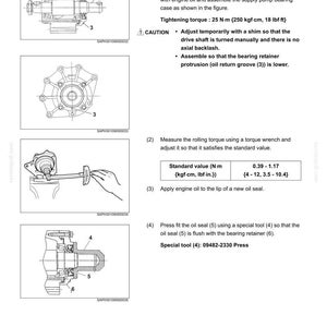 May include: A technical manual page titled Fuel System E485B, detailing the assembly and adjustment of a supply pump drive bearing case. It includes four black and white line drawings showing mechanical components, numbered parts, and torque specifications.