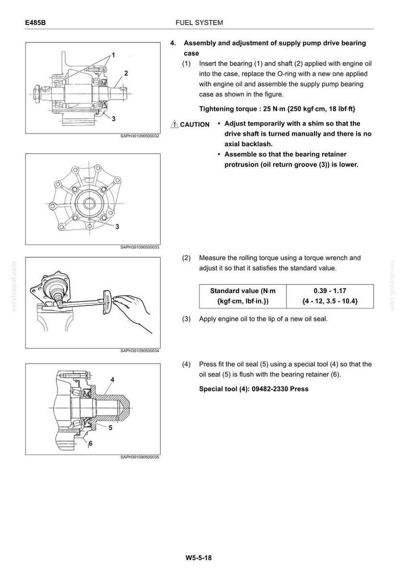 May include: A technical manual page titled Fuel System E485B, detailing the assembly and adjustment of a supply pump drive bearing case. It includes four black and white line drawings showing mechanical components, numbered parts, and torque specifications.