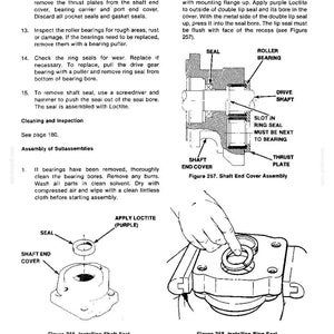 K&ouml;nnte beinhalten: Diagramm aus einem Reparaturhandbuch, das die Demontage und Reparatur mechanischer Komponenten zeigt. Das Bild enth&auml;lt Illustrationen von Wellenendkappen, Dichtungen, W&auml;lzlagern und die Anwendung von Loctite.