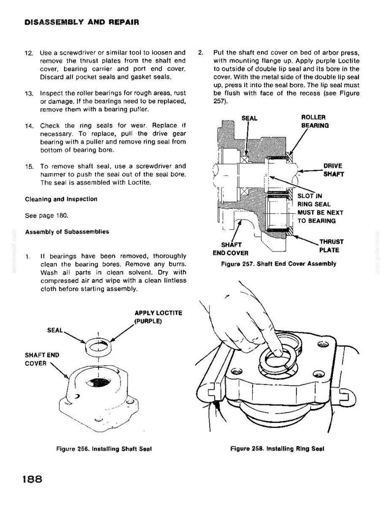 K&ouml;nnte beinhalten: Diagramm aus einem Reparaturhandbuch, das die Demontage und Reparatur mechanischer Komponenten zeigt. Das Bild enth&auml;lt Illustrationen von Wellenendkappen, Dichtungen, W&auml;lzlagern und die Anwendung von Loctite.