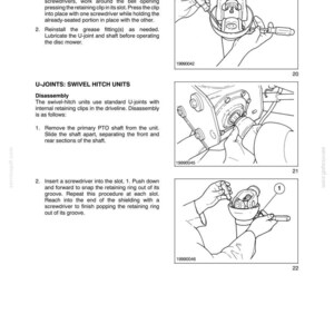 May include: A technical manual page titled SECTION 31 - IMPLEMENT POWER TAKE OFF (PTO) - CHAPTER 2, featuring black and white line drawings of mechanical assembly procedures for U-joints and swivel hitch units, including numbered instructional text.