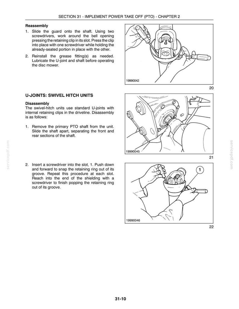 May include: A technical manual page titled SECTION 31 - IMPLEMENT POWER TAKE OFF (PTO) - CHAPTER 2, featuring black and white line drawings of mechanical assembly procedures for U-joints and swivel hitch units, including numbered instructional text.