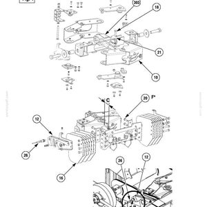 May include: An exploded diagram of harvesting equipment components, labeled with numbers and arrows. The diagram includes various mechanical parts, bolts, and brackets, with a focus on the assembly of the machinery. The text "SECTION 58 - HARVESTING EQUIPMENT - CHAPTER 1" is at the top.