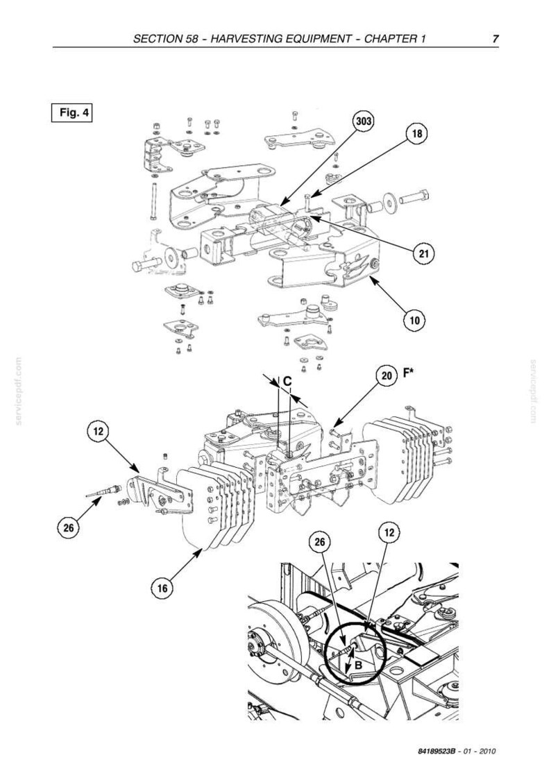 May include: An exploded diagram of harvesting equipment components, labeled with numbers and arrows. The diagram includes various mechanical parts, bolts, and brackets, with a focus on the assembly of the machinery. The text "SECTION 58 - HARVESTING EQUIPMENT - CHAPTER 1" is at the top.