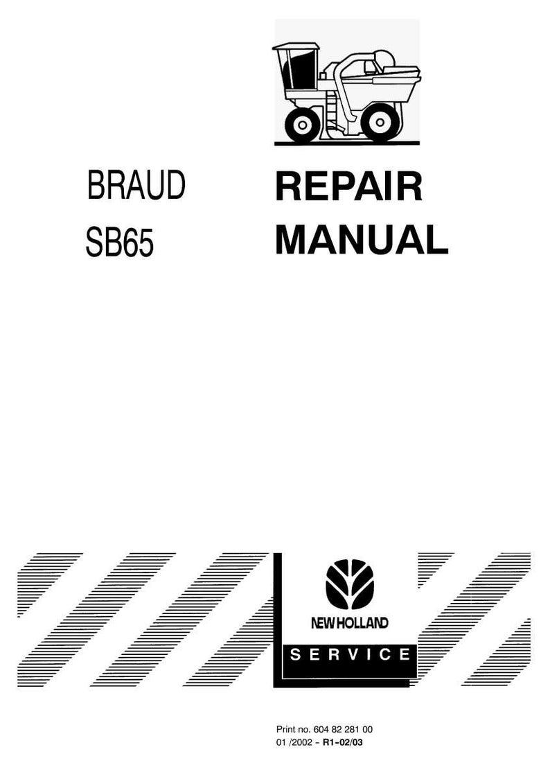 May include: A white repair manual cover with the text "BRAUD SB65 REPAIR MANUAL" and an illustration of a piece of agricultural machinery. The New Holland Service logo is at the bottom.