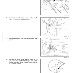 May include: Diagram illustrating the removal of a wiper motor/washer system. The image shows step-by-step instructions with numbered diagrams and close-ups of components, including screws, fluid lines, and the wiper motor plug.