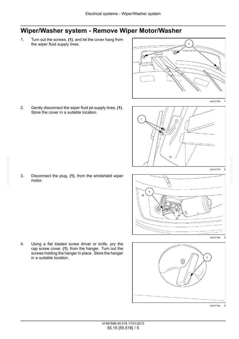 May include: Diagram illustrating the removal of a wiper motor/washer system. The image shows step-by-step instructions with numbered diagrams and close-ups of components, including screws, fluid lines, and the wiper motor plug.