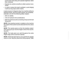 May include: A technical document page titled 6-WORKING OPERATIONS containing instructions for lifting loads with a machine. It details safety procedures, load stability margins, and notes regarding backhoe bucket weight and load chart references.
