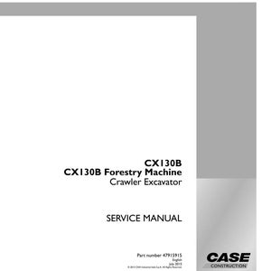May include: A white service manual with the text "CX130B Forestry Machine Crawler Excavator" in black. The manual also includes the text "SERVICE MANUAL" and the Case Construction logo.