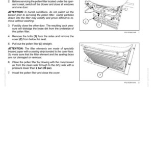 May include: Diagram of pollen filter cleaning instructions. Text includes steps for removing and cleaning the filter, with illustrations of the filter and its components. Includes safety warnings and pressure specifications.