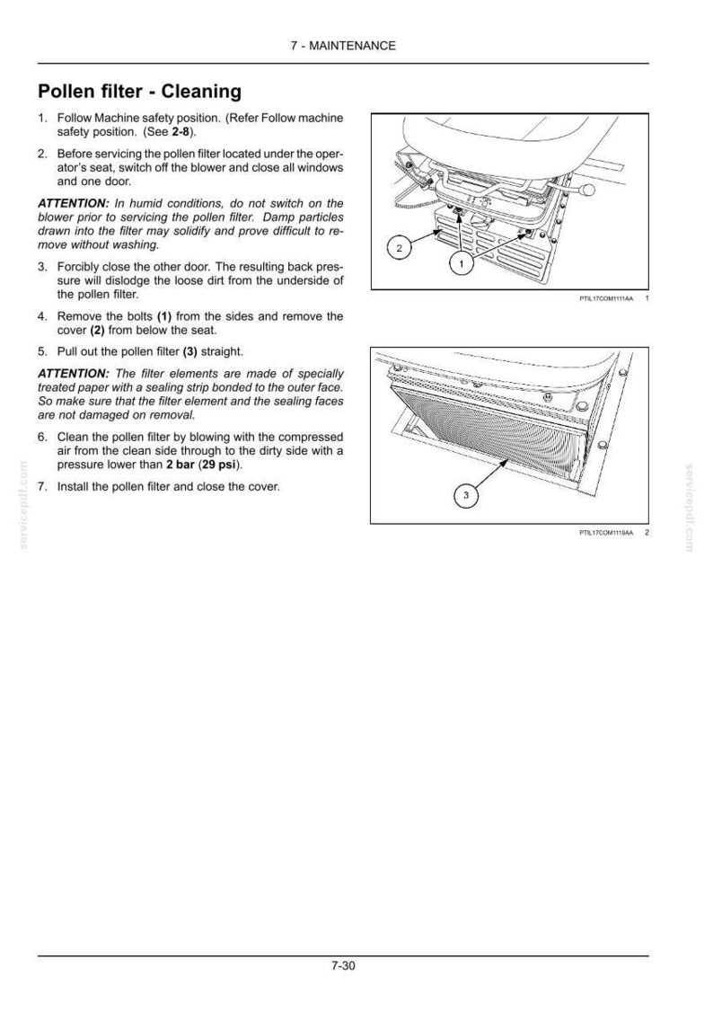 May include: Diagram of pollen filter cleaning instructions. Text includes steps for removing and cleaning the filter, with illustrations of the filter and its components. Includes safety warnings and pressure specifications.