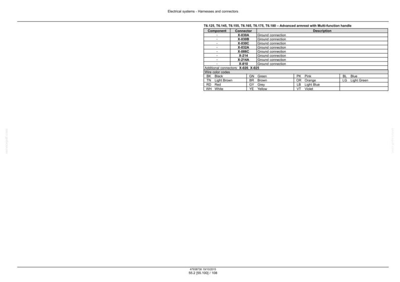 May include: A detailed diagram of electrical systems, harnesses, and connectors. The document includes tables with component names, connector types, and descriptions. Wire color codes are also listed, with abbreviations for various colors like black, brown, and red.