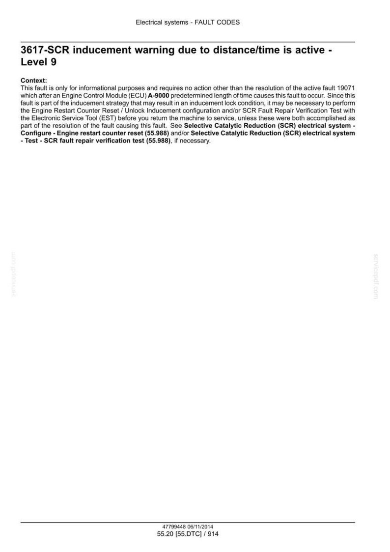 May include: A document titled "Electrical systems - FAULT CODES" with the text "3617-SCR inducement warning due to distance/time is active - Level 9." The document also includes context and instructions for resolving the fault.