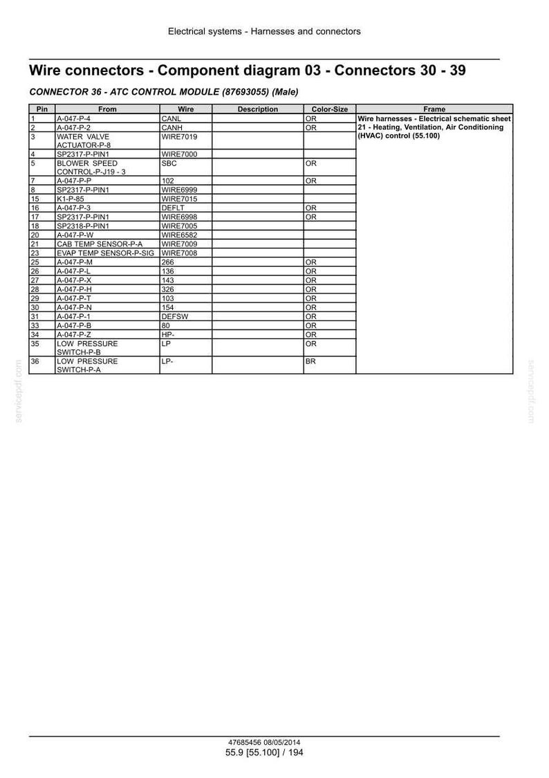 May include: Diagram of wire connectors for an ATC control module, detailing pin connections, wire types, and descriptions. Includes a table with data on various connectors, color-size, and frame information for electrical systems.