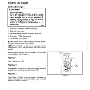K&ouml;nnte beinhalten: Eine Seite aus einem technischen Handbuch mit dem Titel 4 - OPERATING INSTRUCTIONS, die das Starten eines Traktormotors beschreibt. Sie enth&auml;lt einen Warnhinweis zu &Uuml;berrollgefahren, nummerierte Schritte und ein Diagramm eines Z&uuml;ndschlosses.