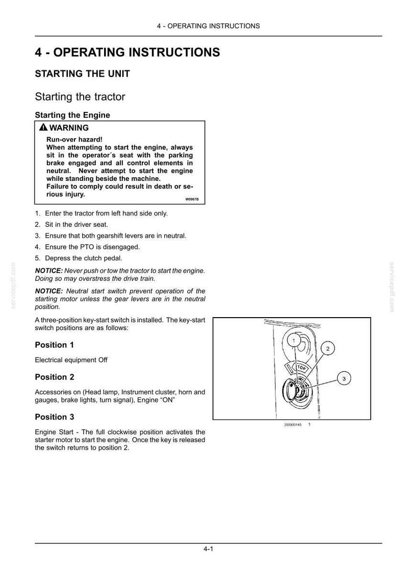 K&ouml;nnte beinhalten: Eine Seite aus einem technischen Handbuch mit dem Titel 4 - OPERATING INSTRUCTIONS, die das Starten eines Traktormotors beschreibt. Sie enth&auml;lt einen Warnhinweis zu &Uuml;berrollgefahren, nummerierte Schritte und ein Diagramm eines Z&uuml;ndschlosses.