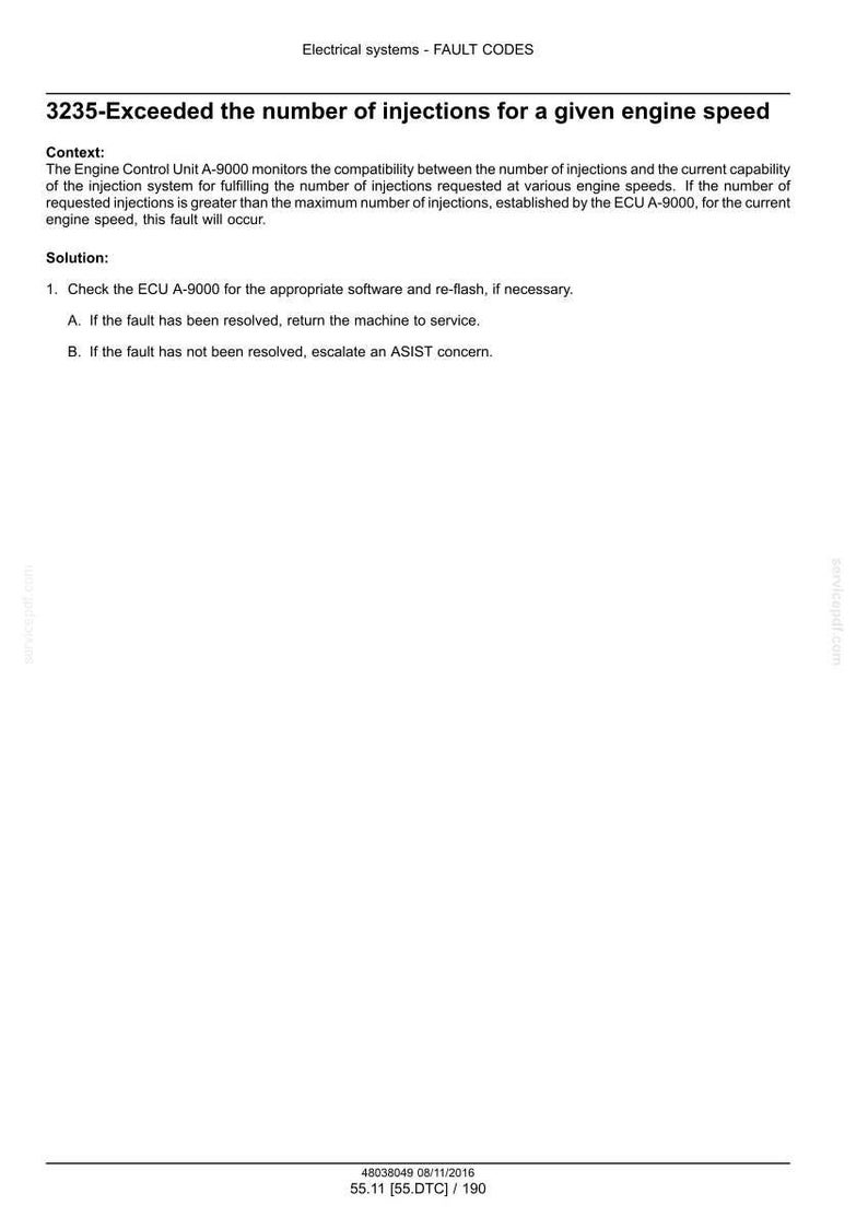 May include: A white document with black text detailing fault codes for electrical systems. The text includes the fault code 3235, context, and a solution. The document is from servicepdf.com.