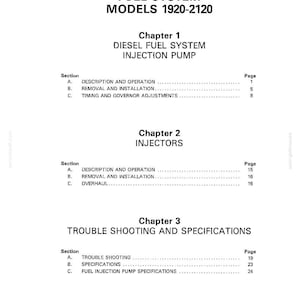 May include: A printed manual page with the title "PART 2 FUEL SYSTEM MODELS 1920-2120." The document is divided into chapters on diesel fuel systems, injectors, and troubleshooting. The text is black on a white background.