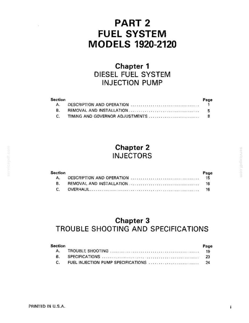 May include: A printed manual page with the title "PART 2 FUEL SYSTEM MODELS 1920-2120." The document is divided into chapters on diesel fuel systems, injectors, and troubleshooting. The text is black on a white background.