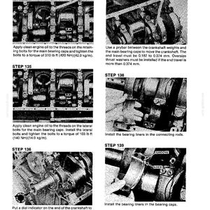 May include: A series of black and white engine repair diagrams with detailed instructions. The images show close-ups of engine components, including bolts, bearing caps, and liners. Text provides torque specifications in lb ft and Nm.