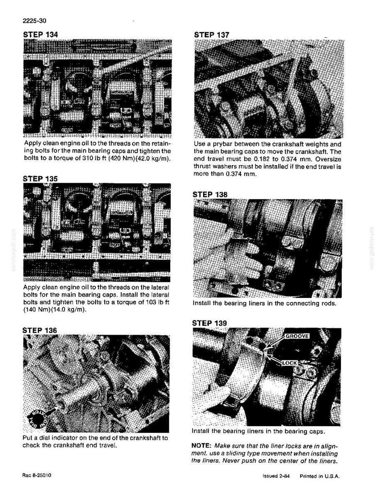 May include: A series of black and white engine repair diagrams with detailed instructions. The images show close-ups of engine components, including bolts, bearing caps, and liners. Text provides torque specifications in lb ft and Nm.