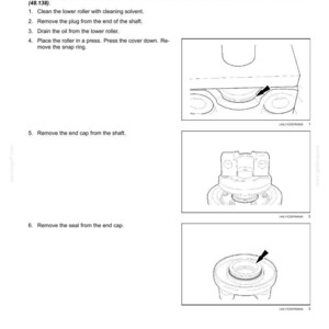 May include: Diagram of track roller disassembly, including steps for cleaning, removing plugs, draining oil, and removing the end cap and seal. Text includes instructions and part numbers. The image is a technical illustration.