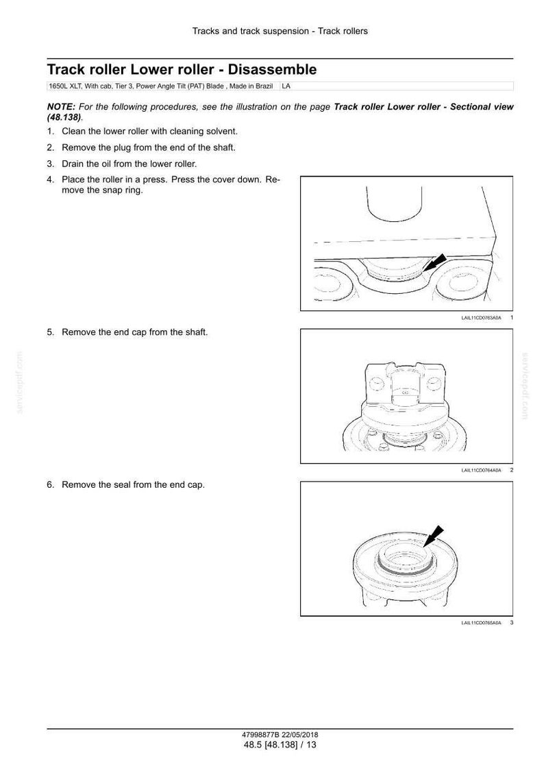 May include: Diagram of track roller disassembly, including steps for cleaning, removing plugs, draining oil, and removing the end cap and seal. Text includes instructions and part numbers. The image is a technical illustration.