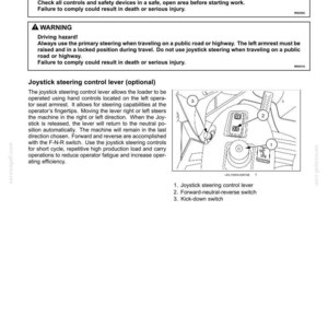 May include: Diagram of a loader's joystick operation, including warnings about driving hazards. The image highlights the joystick steering control lever, forward-neutral-reverse switch, and kick-down switch. Text explains the lever's function and safety instructions.