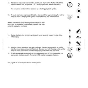 May include: A technical manual page titled 6-WORKING OPERATIONS detailing playback procedures. It includes numbered instructions, control switch icons, visual indicators, and arrows showing sequence steps for HTS display operation.