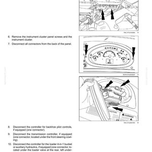 May include: Diagram from a maintenance manual showing steps for disconnecting connectors and removing components. Includes close-up images of the instrument cluster and other parts. Text includes "Disconnect both connectors" and "CAUTION".