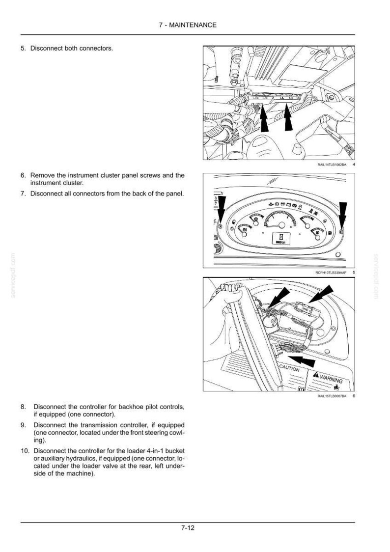 May include: Diagram from a maintenance manual showing steps for disconnecting connectors and removing components. Includes close-up images of the instrument cluster and other parts. Text includes "Disconnect both connectors" and "CAUTION".