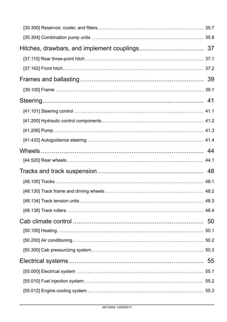 May include: A detailed technical document with a white background, listing various tractor components and systems. Sections include hitches, steering, wheels, tracks, and climate control. The document is dated April 13, 2017.