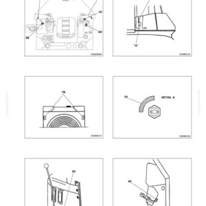 May include: A technical manual page titled D350, page 11, featuring six black and white line drawings of machinery components. The diagrams include labels such as 3D, 9B, 1D, 6D, 2B, 5B, 7B, 7D, 5D, and 4D, with text reading Carefully read personal and machine SAFETY PRECAUTIONS.