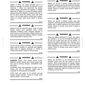 May include: A page from a manual with safety warnings about batteries. The text includes warnings about explosions, acid burns, and proper handling procedures. The page is titled "Chapter 7 - Electrical System."