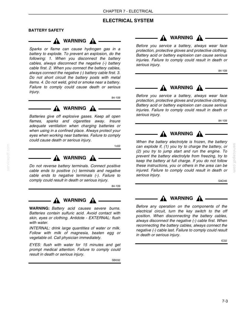 May include: A page from a manual with safety warnings about batteries. The text includes warnings about explosions, acid burns, and proper handling procedures. The page is titled "Chapter 7 - Electrical System."